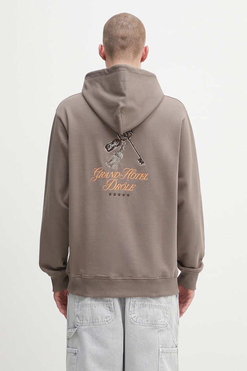 Bavlnená mikina Drôle de Monsieur Le Hoodie Grand HUtel hnedá farba, s kapucňou, vzorovaná, H.HO184.CO127