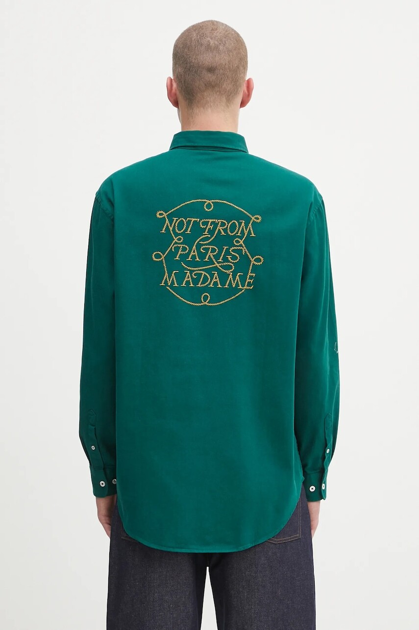 Bavlnená košeľa Drôle de Monsieur La Chemise Slogan Tresses zelená farba, voľný strih, s golierom button-down, H.SH237.CO217