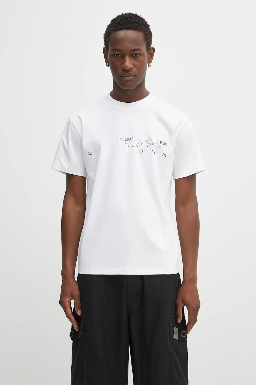 Bavlnené tričko Heliot Emil pánske, biela farba, s potlačou, PREAW25_M_09_141_WHT02