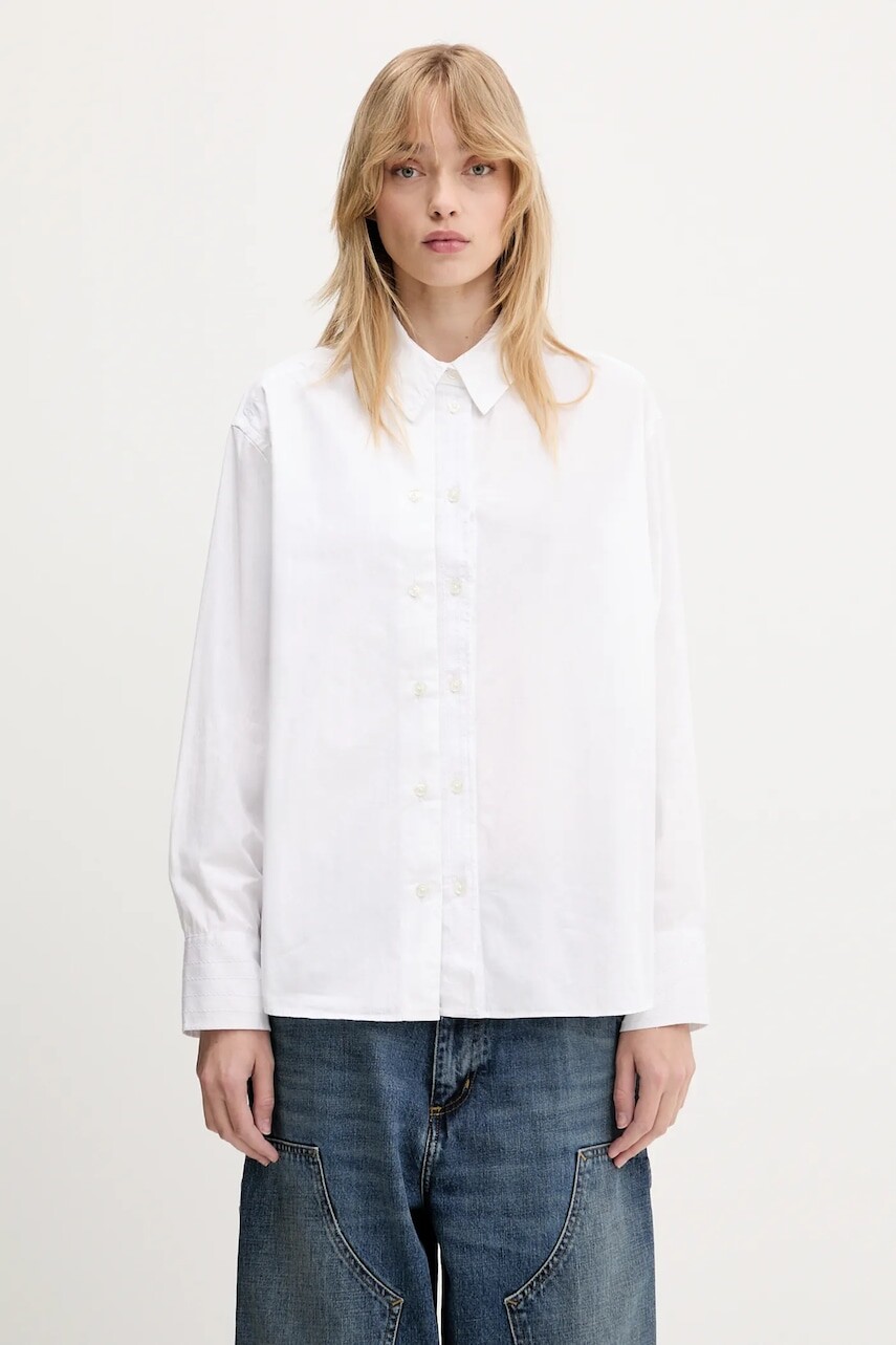 Bavlnená košeľa Samsoe Samsoe Salasa biela farba, voľný strih, s klasickým golierom, F25100006