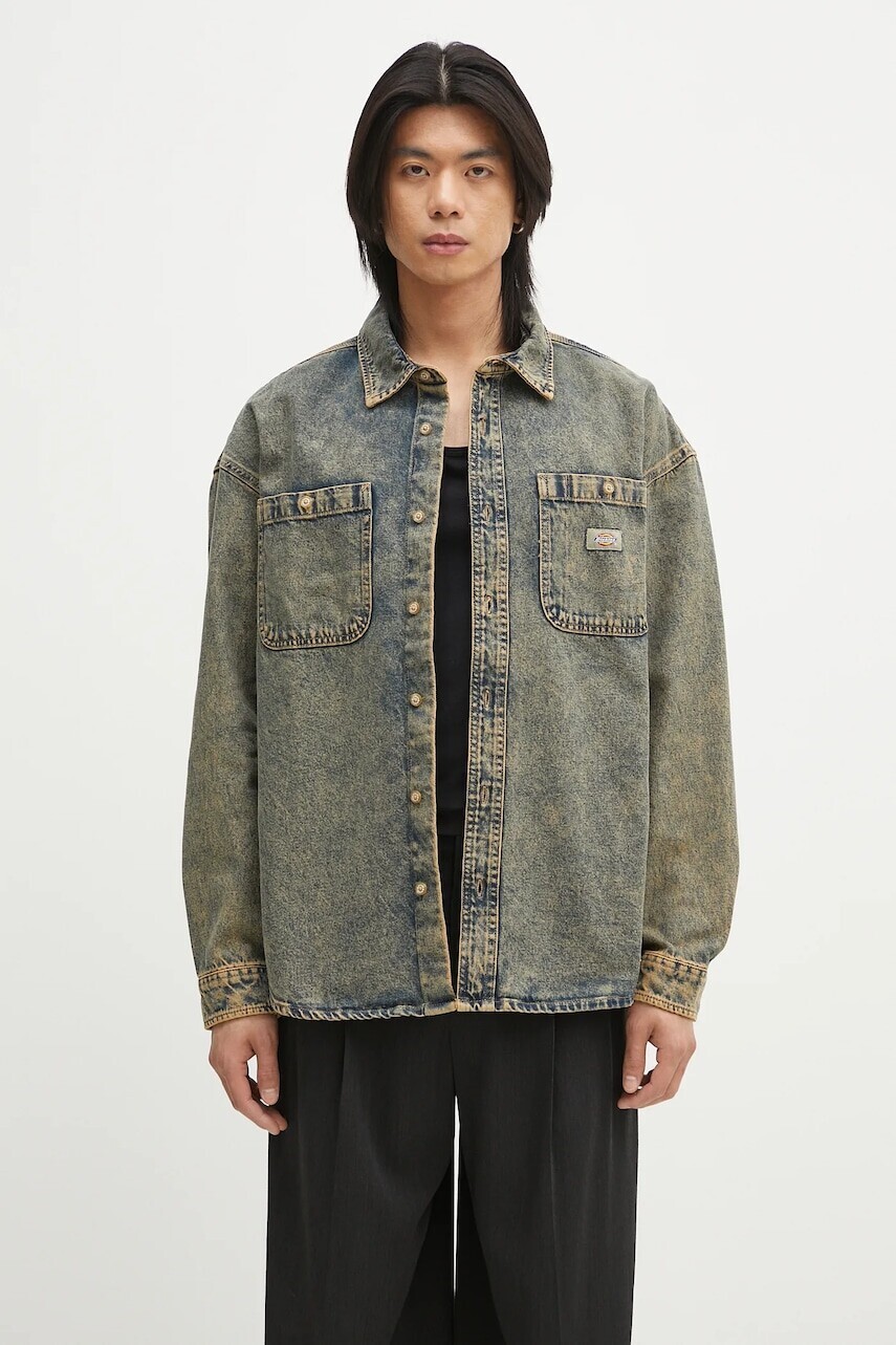 Rifľová bunda Dickies Houston Ls Shirt Yellow Fade Indigo pánska, tmavomodrá farba, prechodná, DK0A4YF5K581