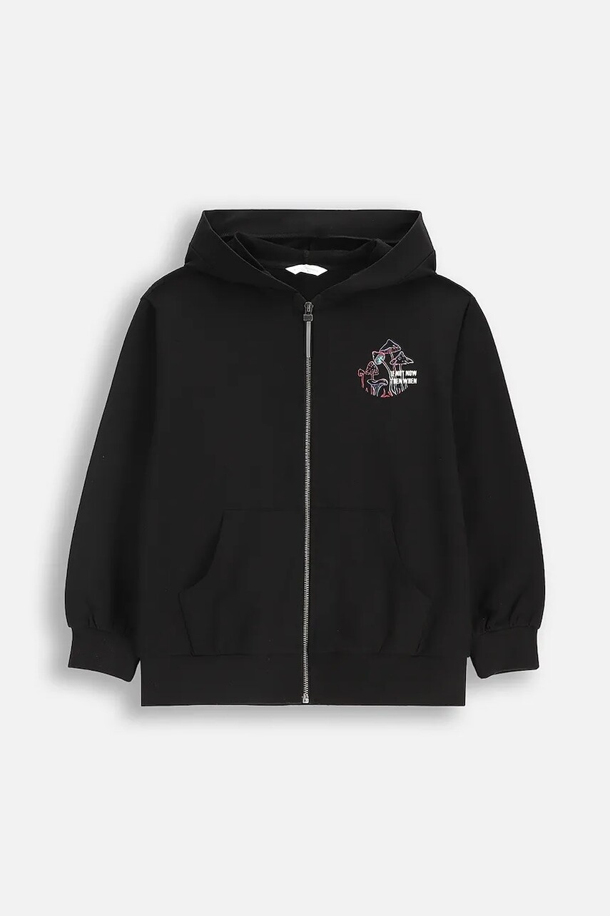 Detská mikina Coccodrillo čierna farba, s kapucňou, s potlačou, RAVE GIRL JUNIOR