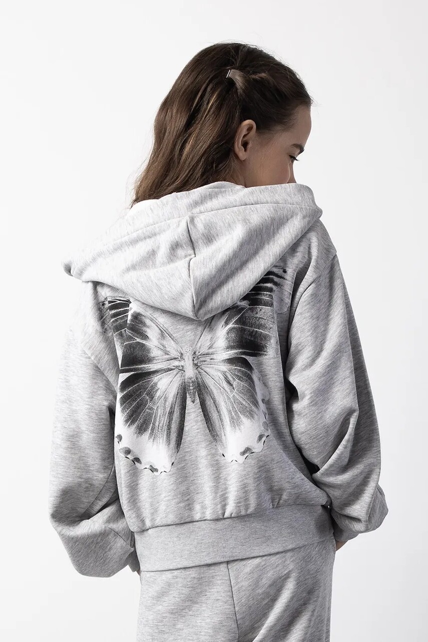 Detská mikina Coccodrillo šedá farba, s kapucňou, s potlačou, RAVE GIRL JUNIOR