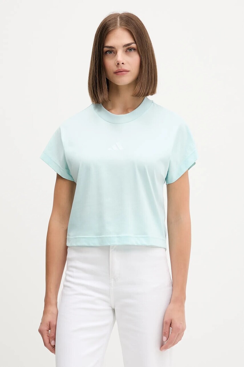 Bavlnené tričko adidas All Szn dámske, tyrkysová farba, JV9840