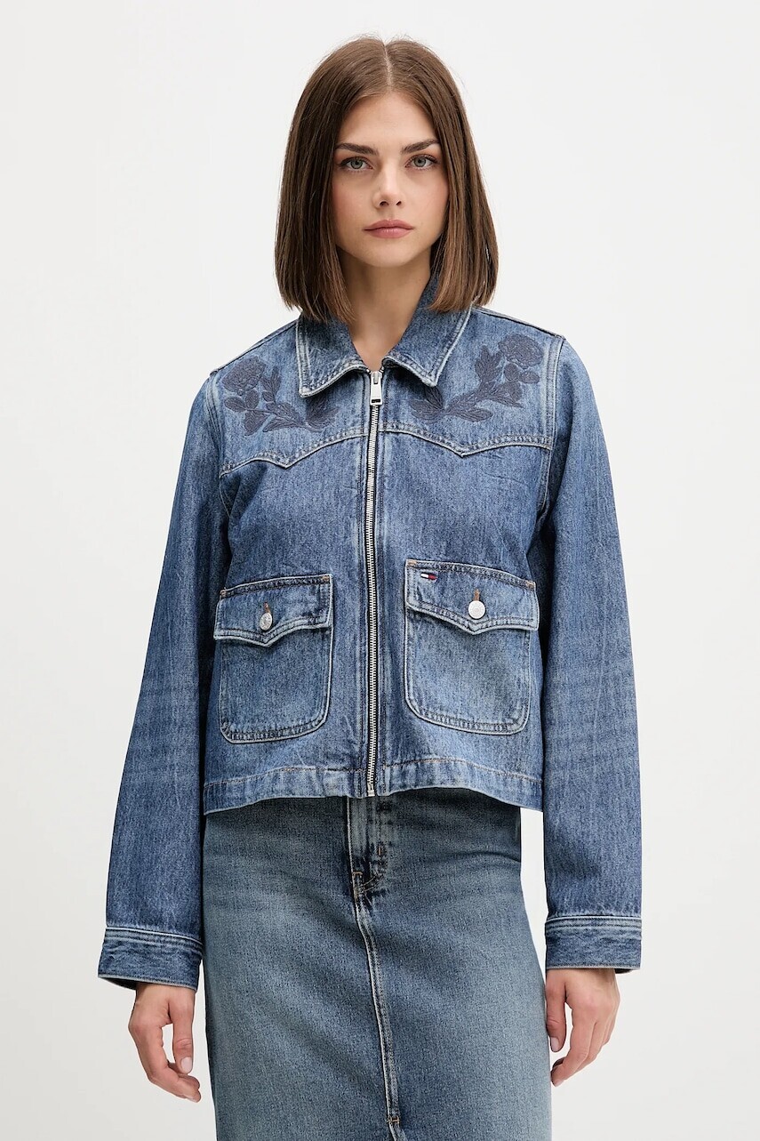 Rifľová bunda Tommy Jeans tmavomodrá farba, prechodná, DW0DW21553