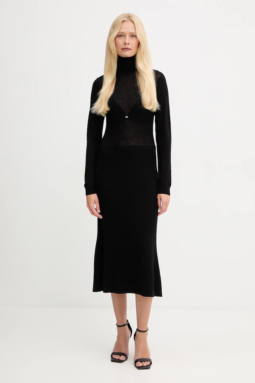 Šaty s prímesou vlny Elisabetta Franchi čierna farba, midi, áčkový strih, AM30S57E2