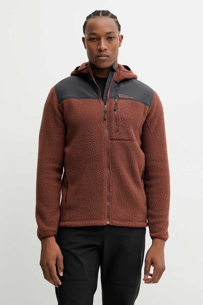 Športová mikina Jack Wolfskin KAMMWEG PILE hnedá farba, s kapucňou, jednofarebná, 1711271