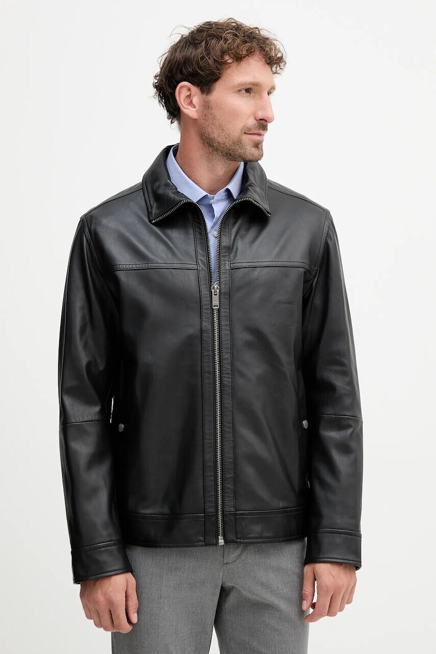 Kožená bunda BOSS Orange čierna farba, prechodná, 50547511