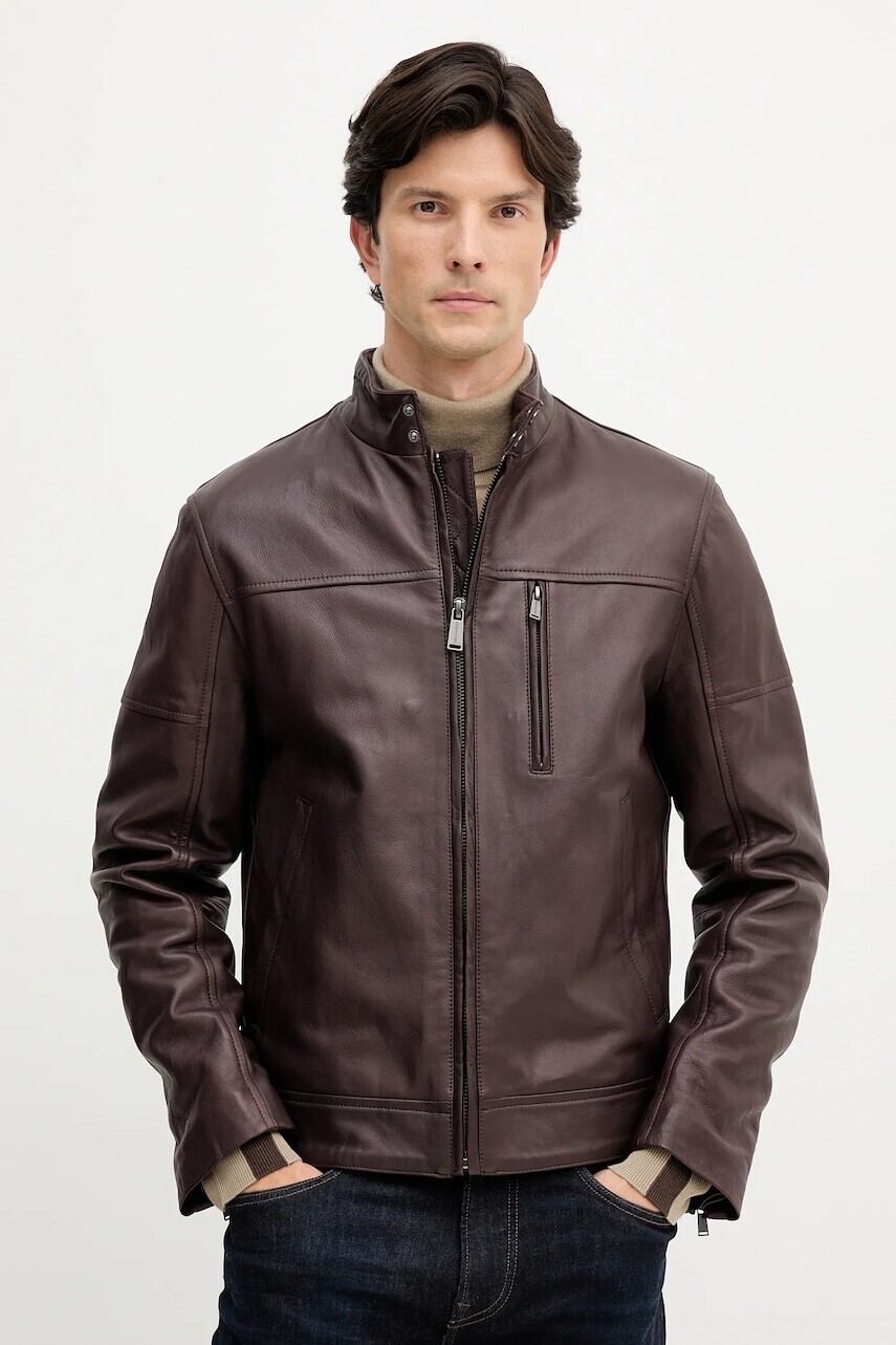 Kožená bunda Trussardi hnedá farba, prechodná, R301M000004N