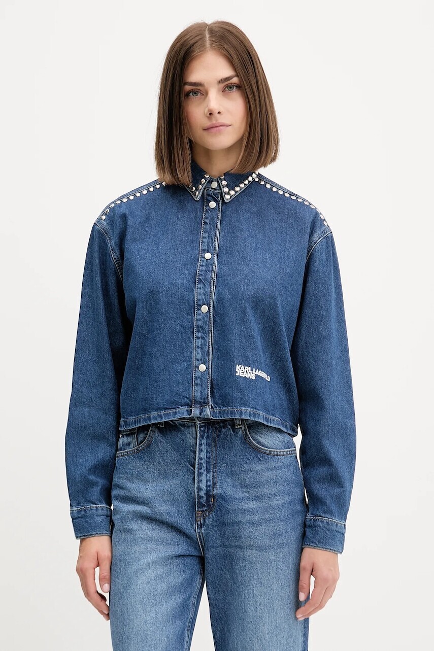 Rifľová košeľa Karl Lagerfeld Jeans tmavomodrá farba, voľný strih, s klasickým golierom, A4W11002