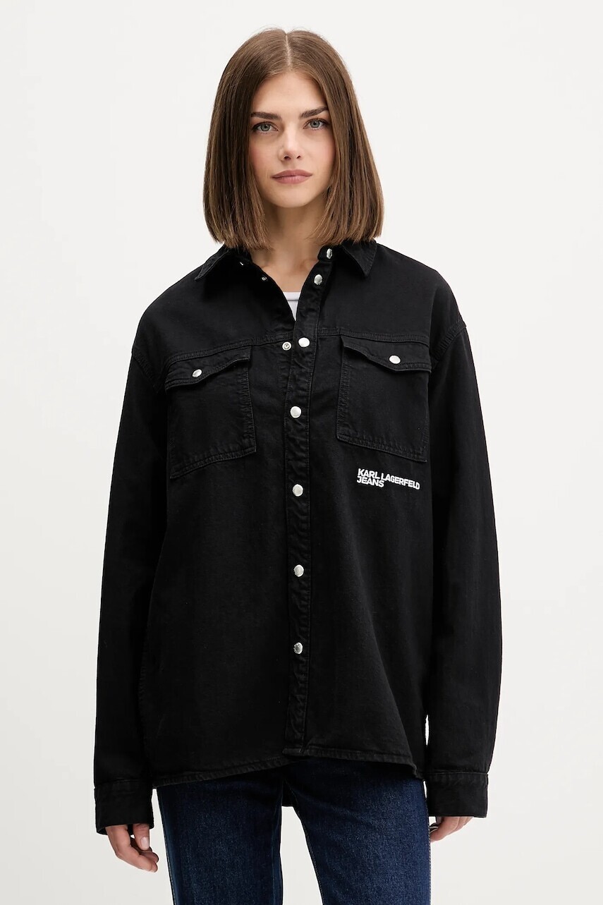 Rifľová košeľa Karl Lagerfeld Jeans čierna farba, voľný strih, s klasickým golierom, A4W11033