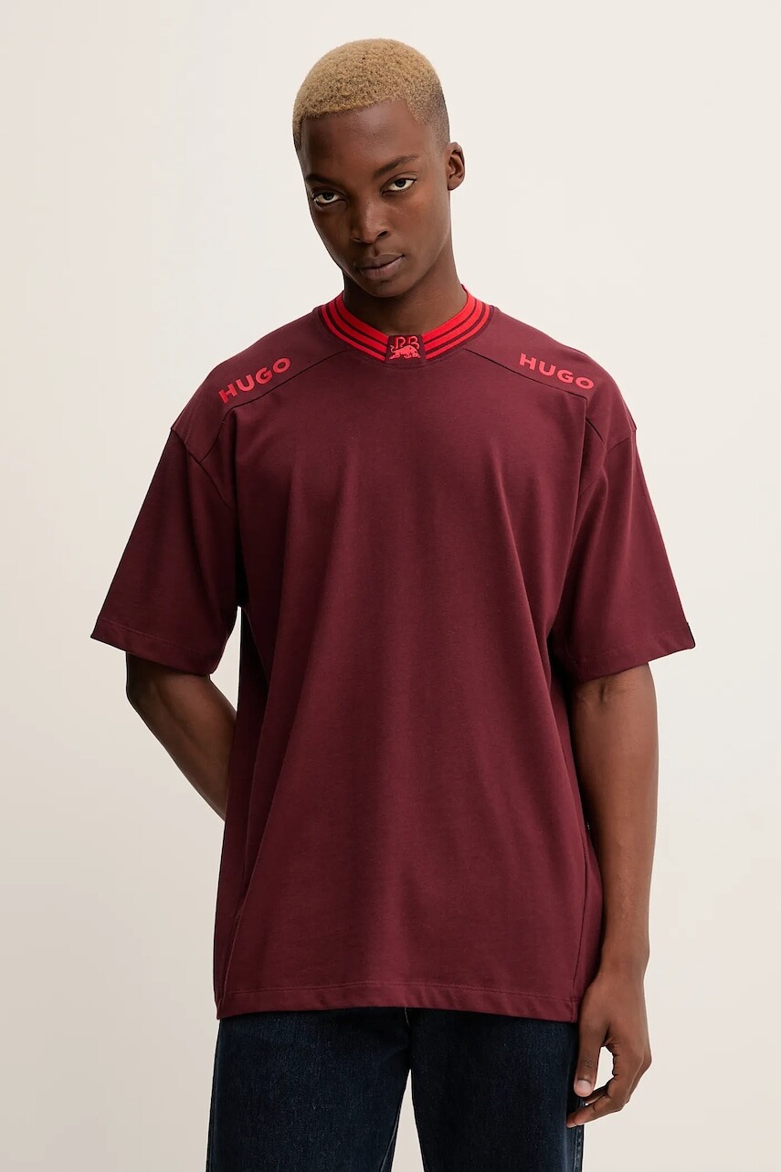 Bavlnené tričko HUGO pánske, bordová farba, s potlačou, 50549604