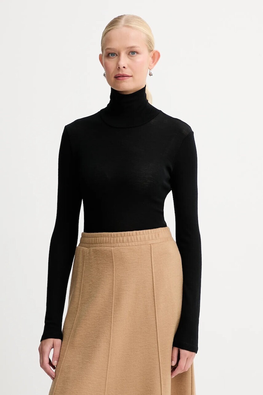 Tričko s dlhým rukávom s prímesou vlny Weekend Max Mara TESEO čierna farba, s rolákom, 2525946052600