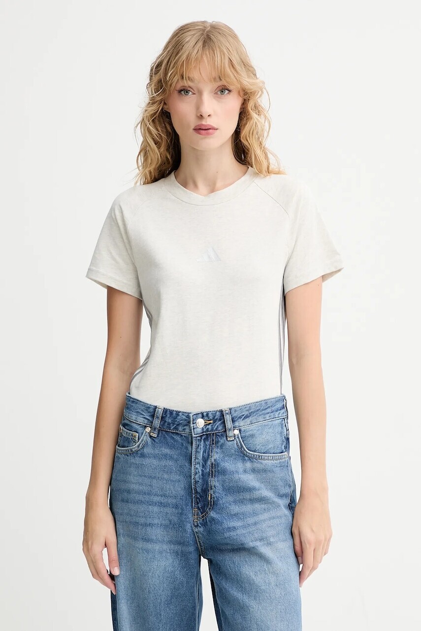 Bavlnené tričko adidas Holiday 3-Stripes dámske, béžová farba, JM1880