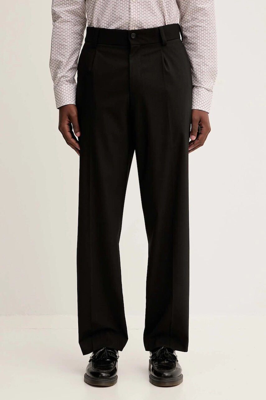 Nohavice s prímesou vlny HUGO čierna farba, rovný strih, 50549484