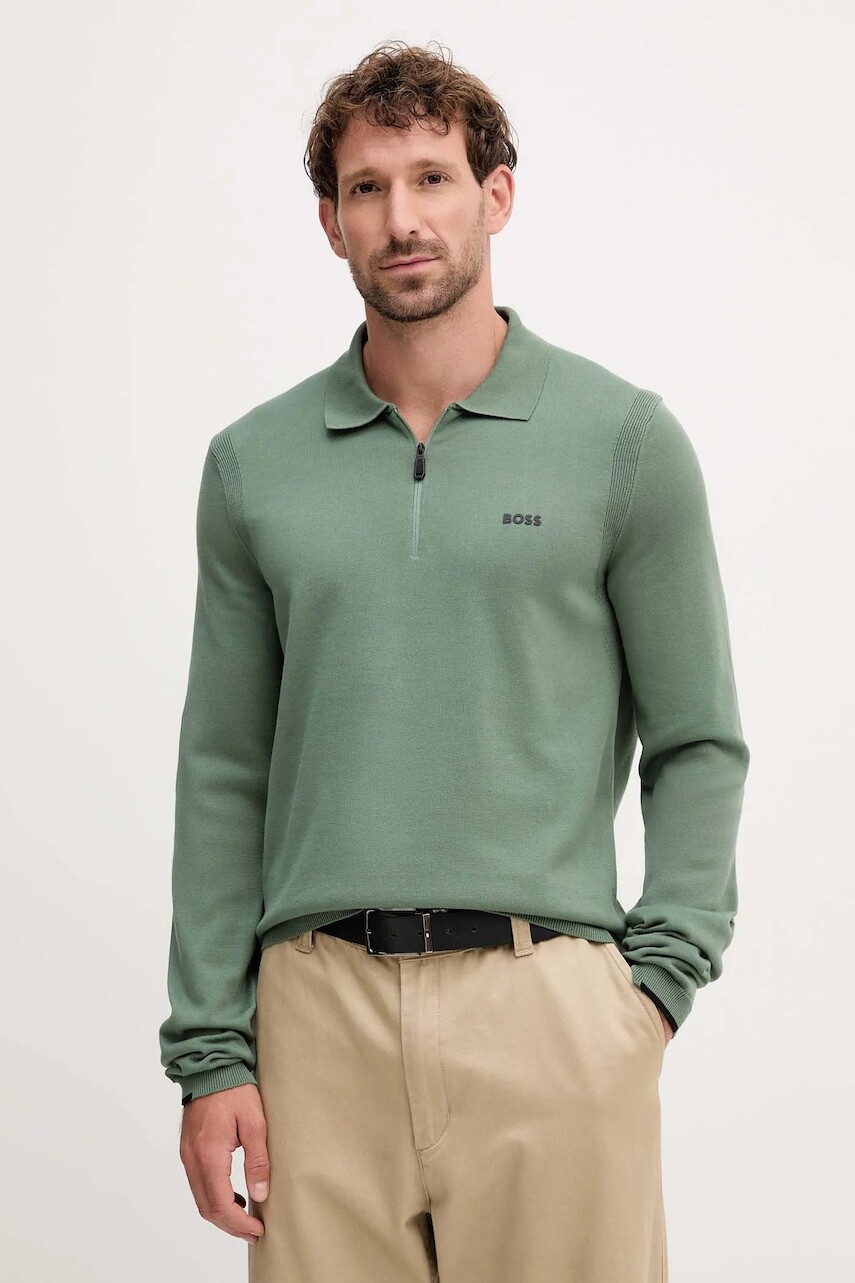 Bavlnený sveter BOSS Green zelená farba, ľahký, 50551688