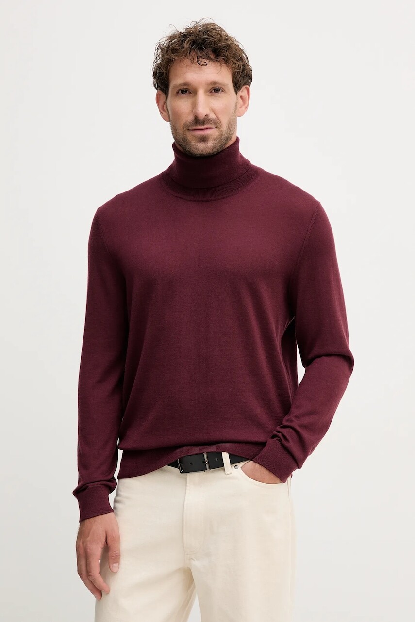 Kašmírový sveter BOSS BECKHAM X BOSS bordová farba, ľahký, s rolákom, 50557974