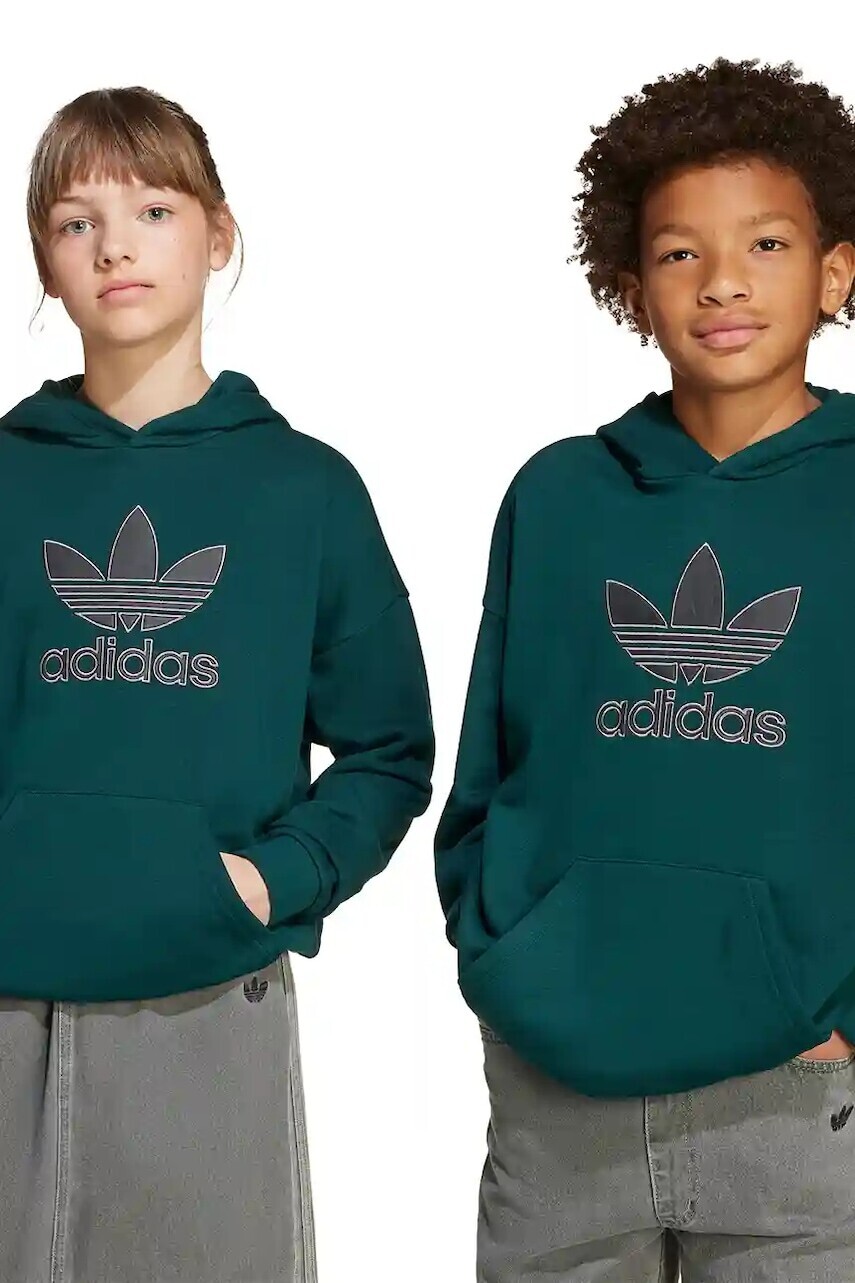 Detská bavlnená mikina adidas Originals zelená farba, s kapucňou, s nášivkou, JV8640