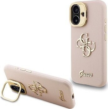 Guess PU Grained 4G Logo Stand Camera Frame Zadný Kryt na iPhone 16 Pink