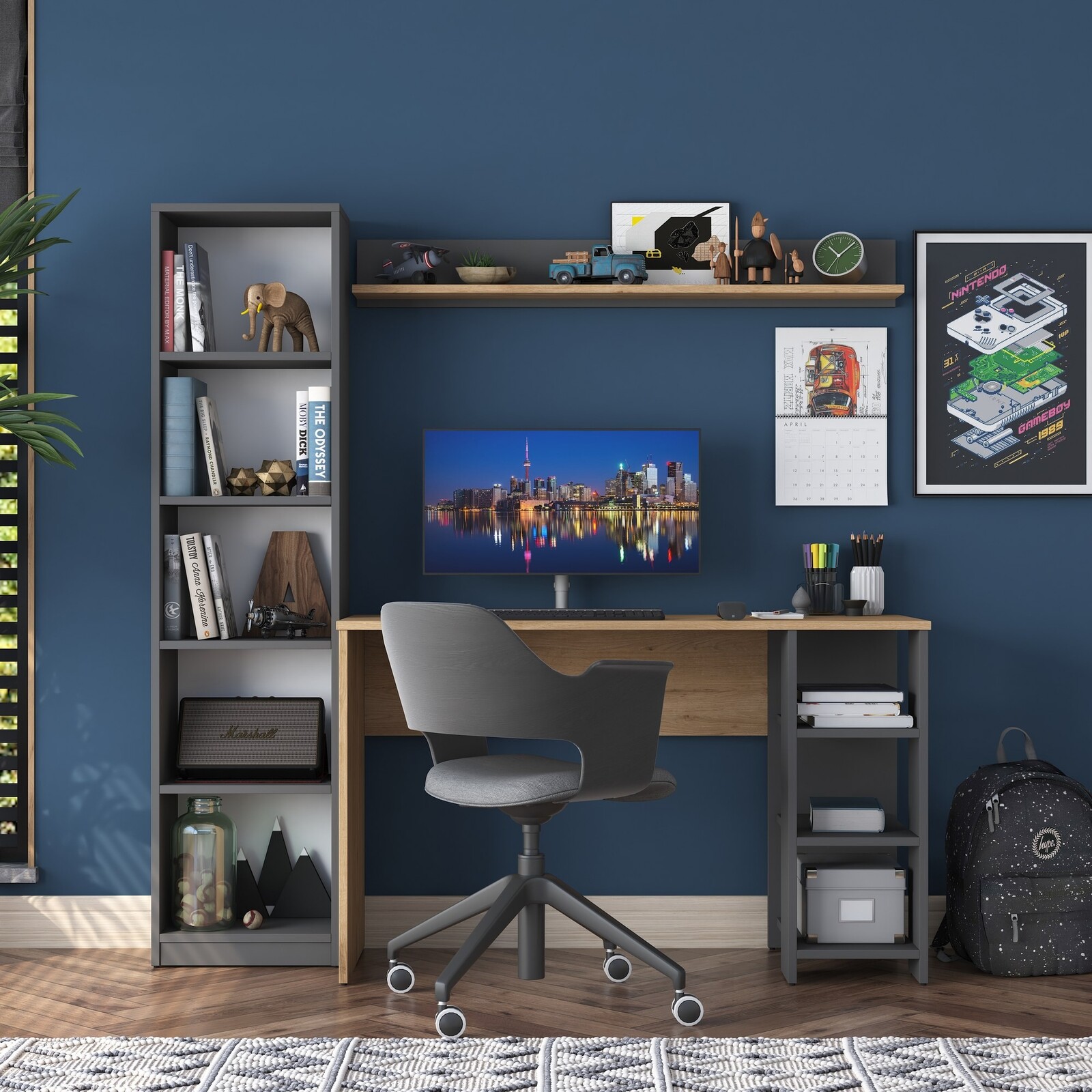 Moderní sada Megis s psacím stolem, knihovnou a policí ořech/antracit