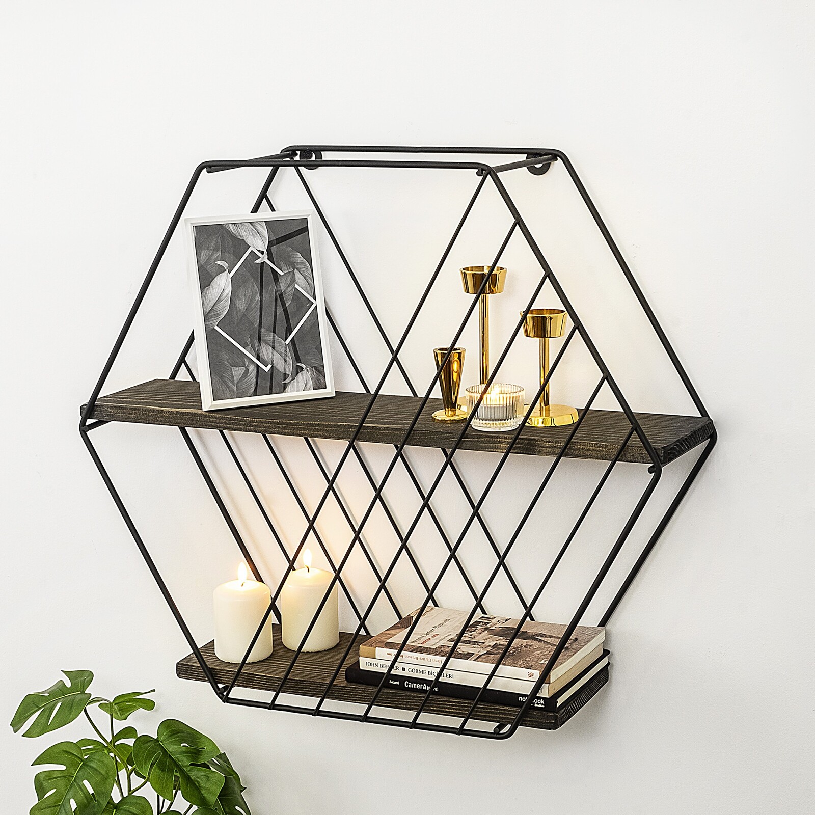 Nástěnná police ANEMONE VULGARIS černá/tmavý ořech