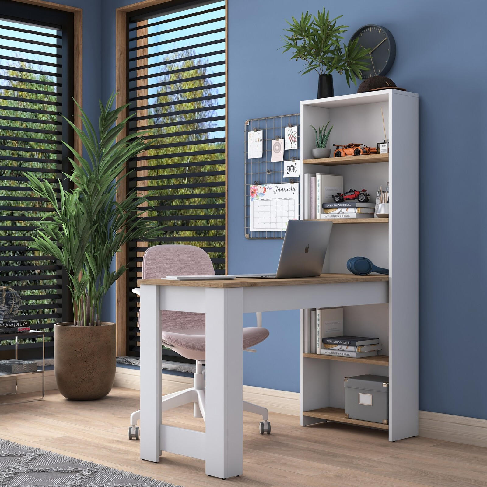 Psací stůl s regálem Jennifer 120 cm bílý/ořech