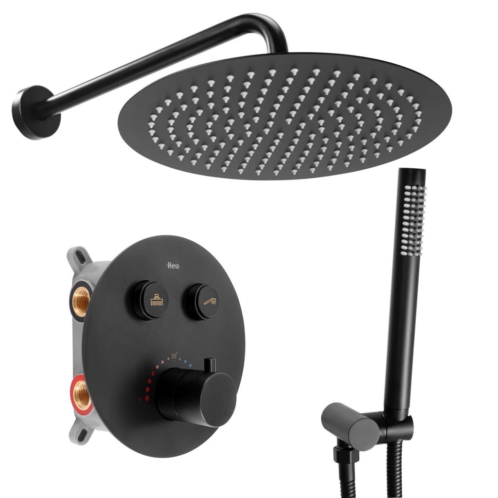 REA - Podomietková sprchová sada - matná čierna + BOX, TERMOSTAT REA-P8549