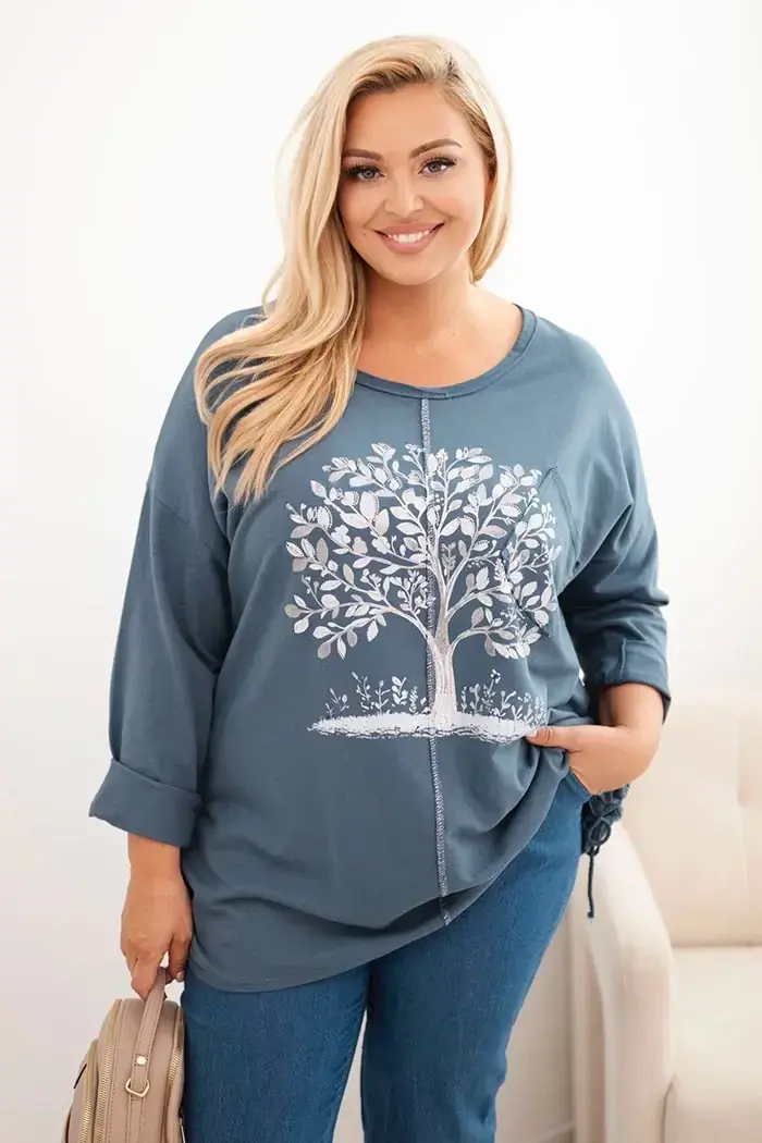 Kesi Włoski Dámska blúzka Plus Size bavlnená s potlačou stromu jeansová