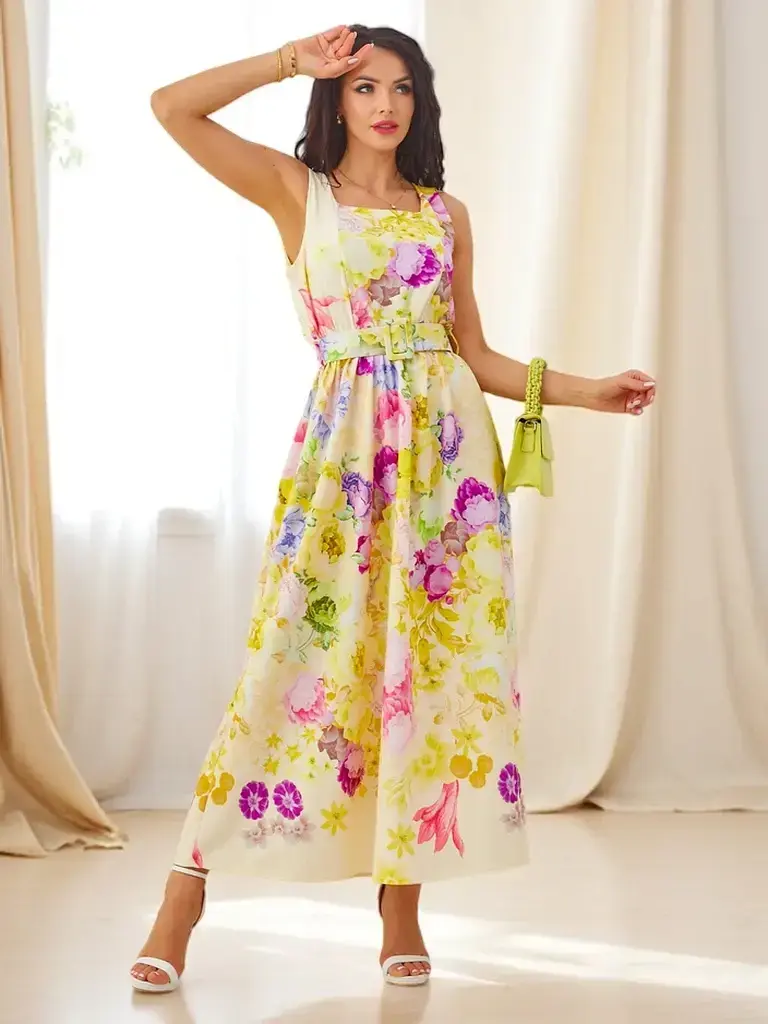Resti Women's viscose midi dress with straps, featuring a belt in various floral prints
