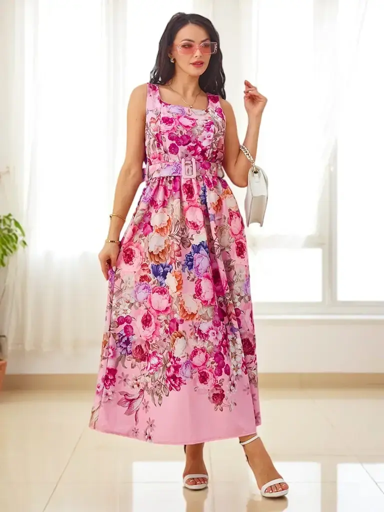 Resti Women's midi dress with straps, featuring a belt in various floral patterns