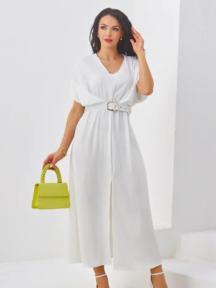 Resti Women's midi dress with short sleeves, V-neck and front slit
