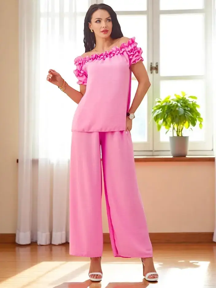 Resti Women's set with an off-the-shoulder blouse with short sleeves and decorative neckline, and flared pants