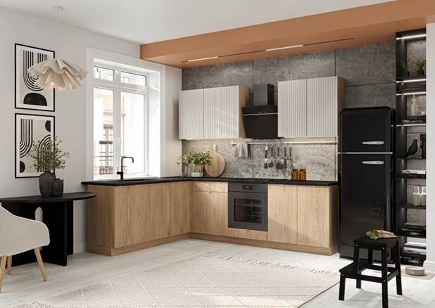 Artstolk Rohová kuchynská linka SOFIA C | dub cremona/béžová 200-260 cm Prevedenie: s pracovnou doskou