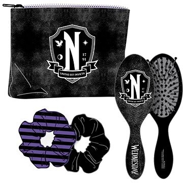 Netflix Wednesday Nevermore Academy Sada módnych doplnkov: kefa, gumičky, kozmetická taška