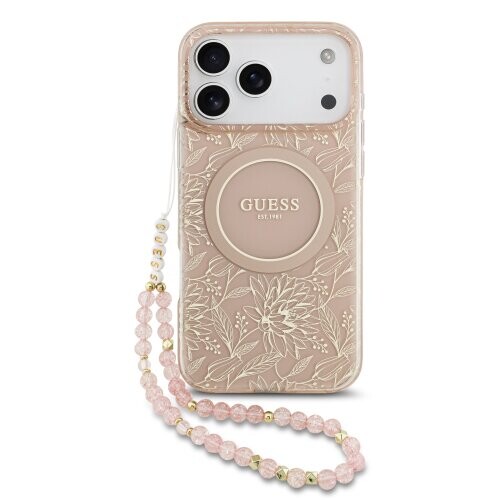 Guess IML Flowers Allover Strap MagSafe Zadní Kryt pro iPhone 17 Pro Max Pink
