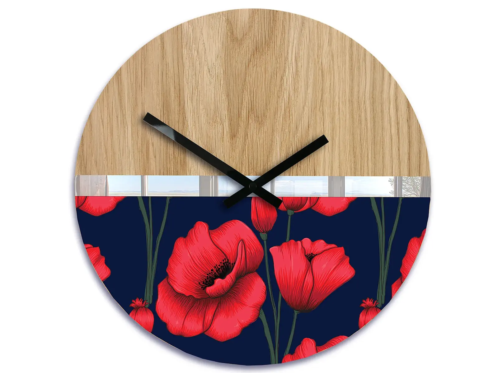 Dřevěné nástěnné hodiny Máky 33 cm dub přírodní/červené