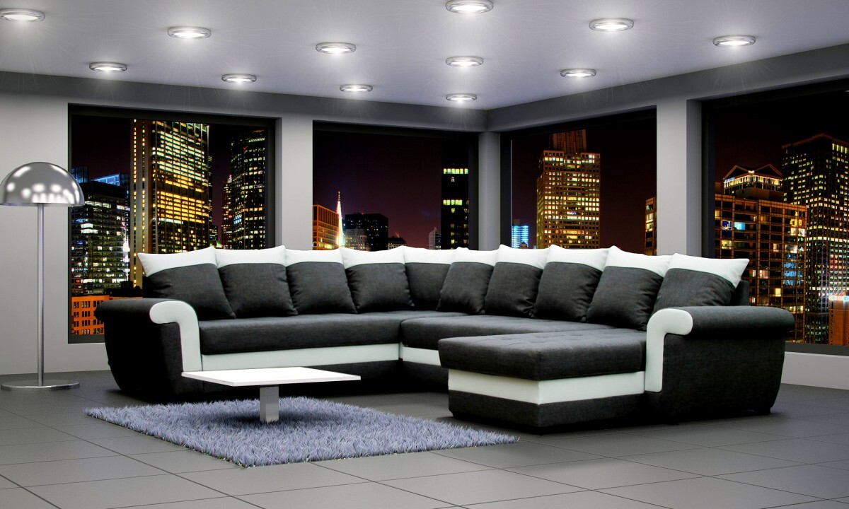 Rohová rozkladacia pohovka s leňoškou 7 vankúšov Latte čierna/biela