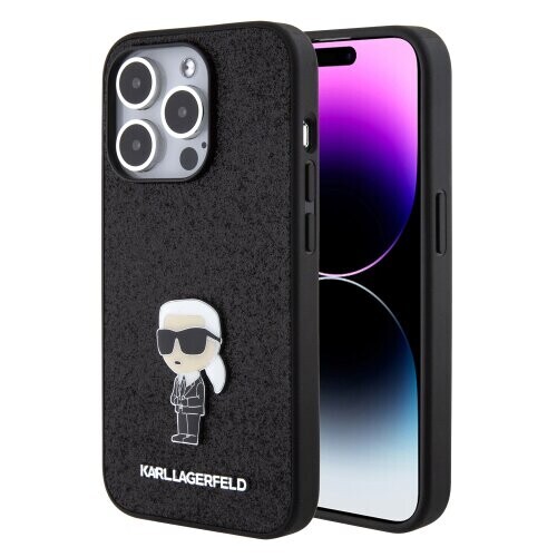 Puzdro Karl Lagerfeld Fixed Glitter Metal Ikonik iPhone 15 Pro - čierne
