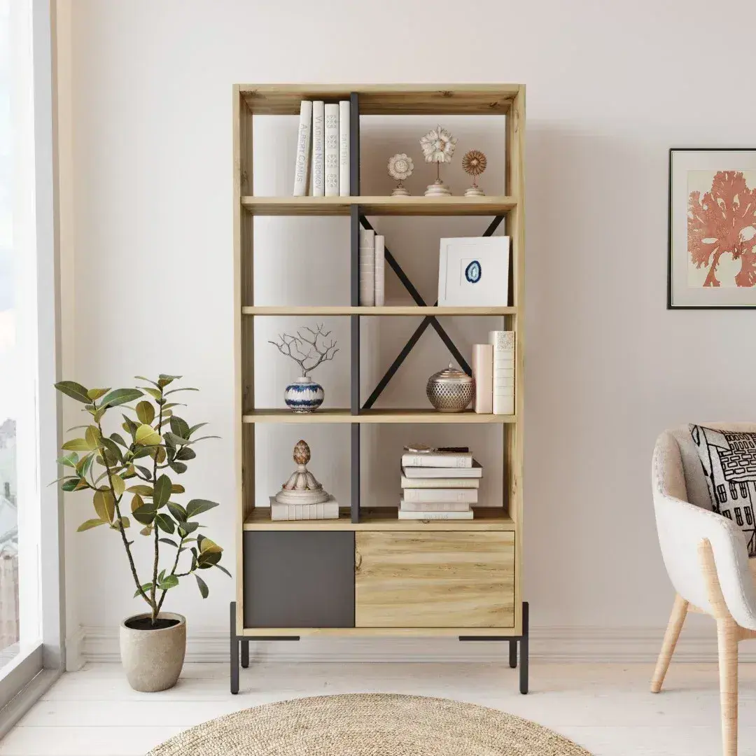 Knižnica Houseland Tara dub Wotan/antracitovo sivá