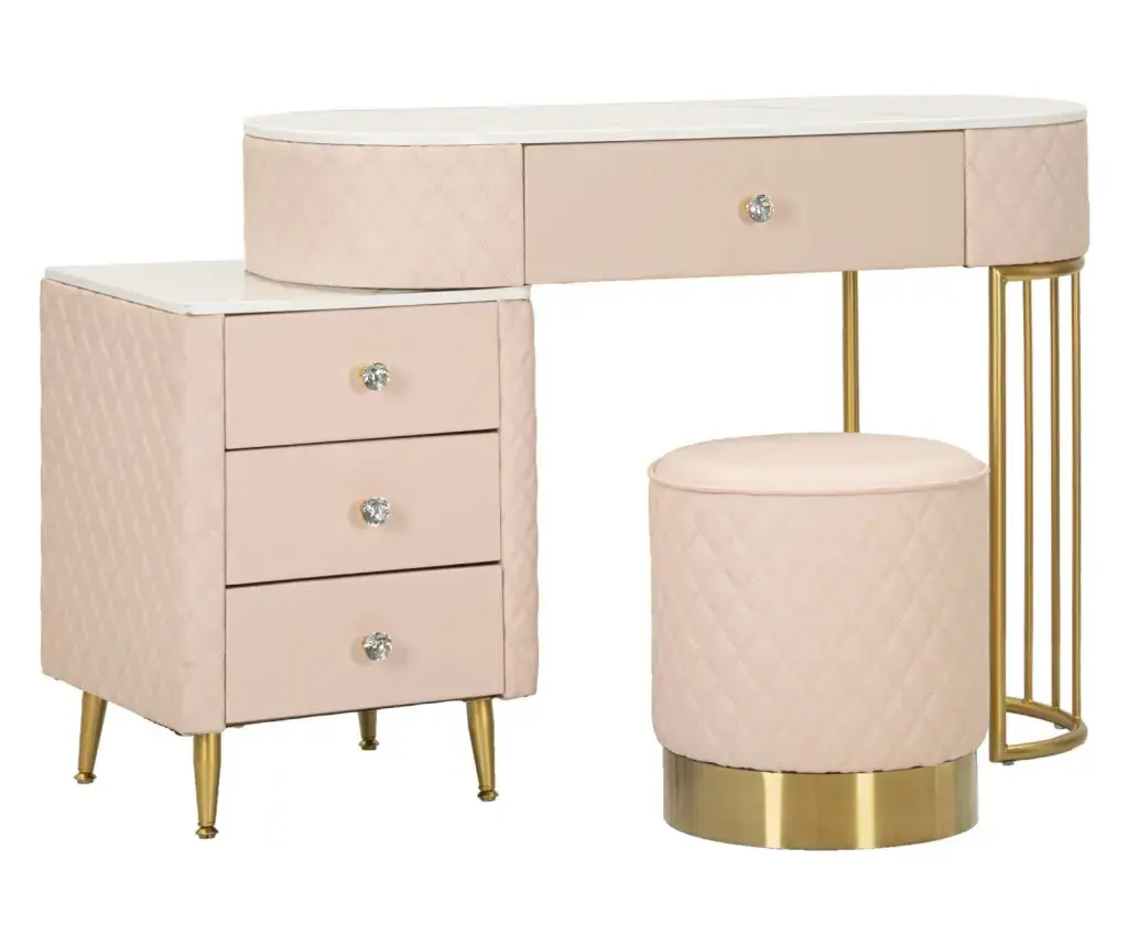 Toaletní stolek Sharon s taburetem ekokůže růžový/zlatý