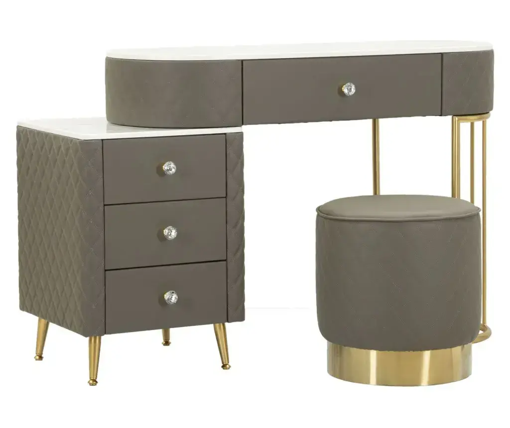 Toaletní stolek Sharon s taburetem ekokůže šedý/zlatý
