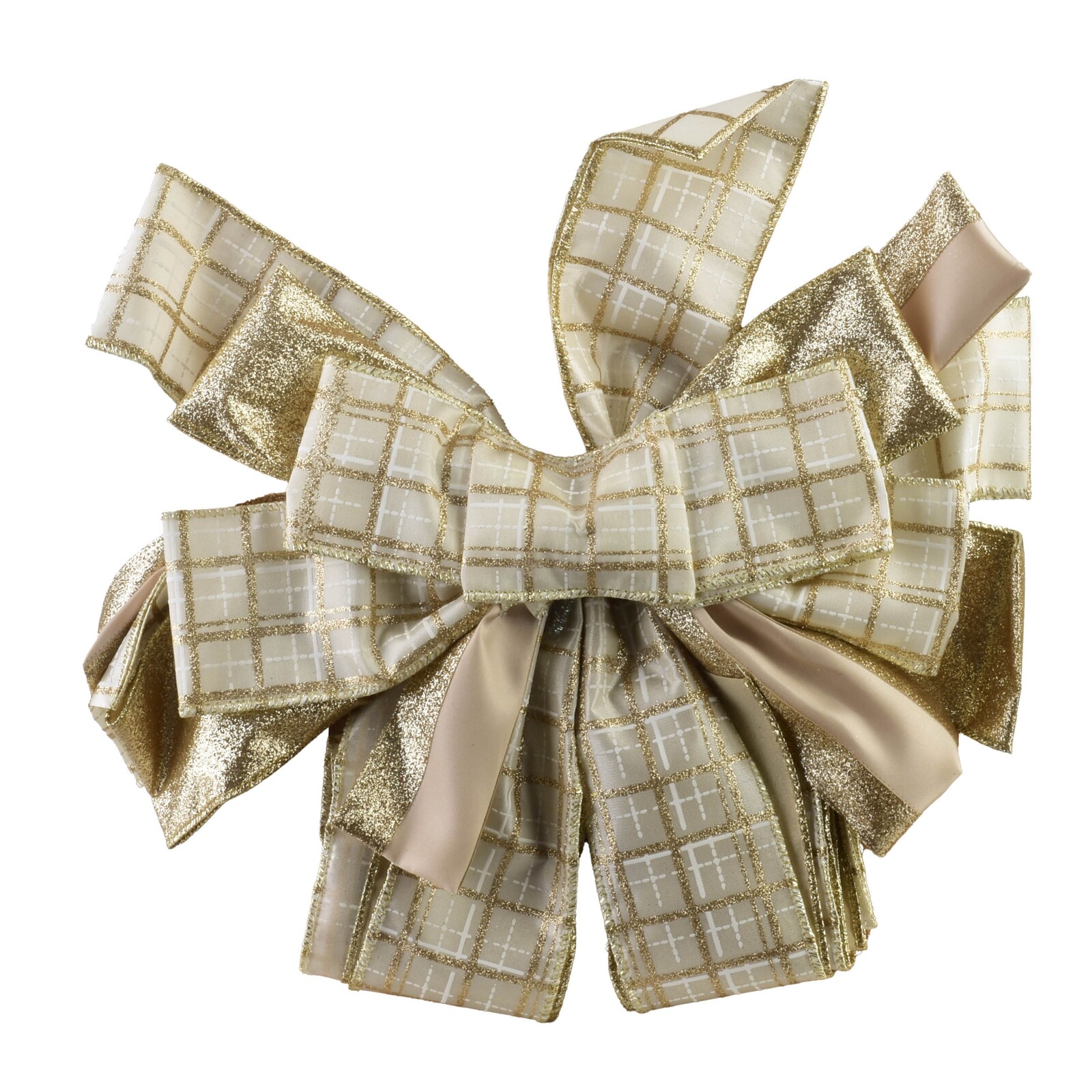 Vánoční dekorativní mašle Santa Lila 32x130 cm béžovo-zlatá s kostkovaným vzorem