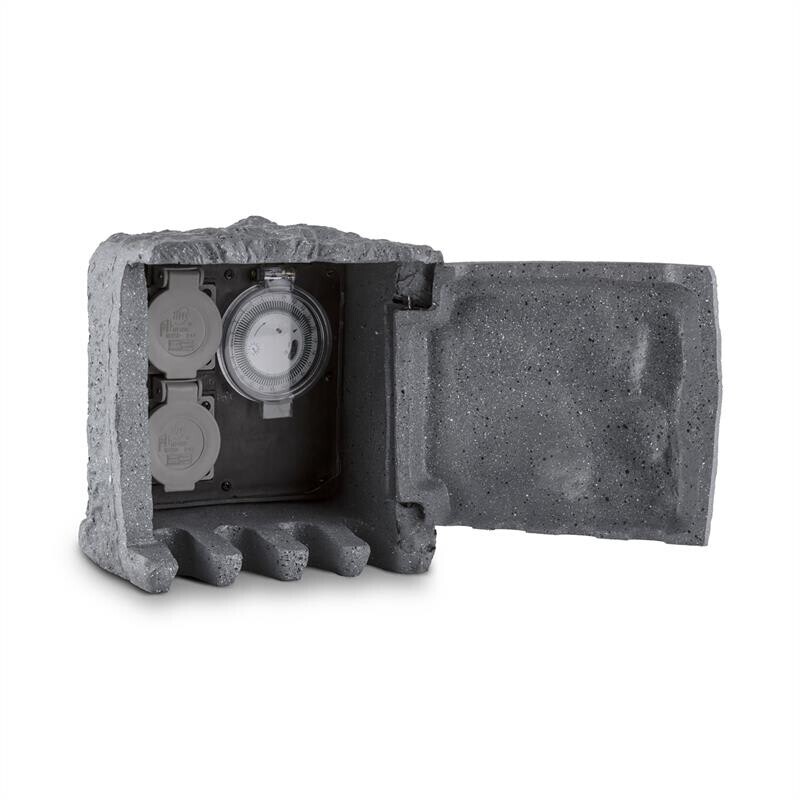 Waldbeck Timer Rock, záhradná zásuvka, 2-itý rozdeľovač, 5 m, spínacie hodiny, skala, tmavosivá