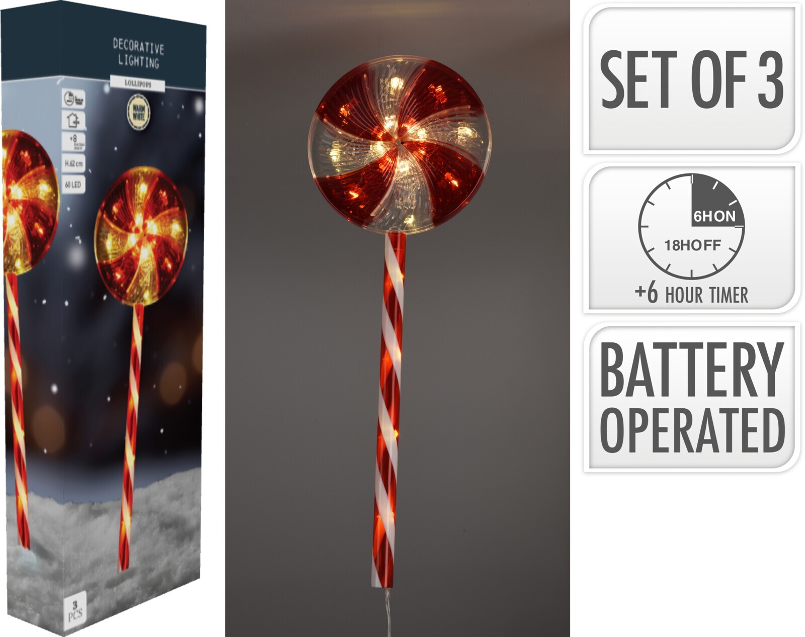 Sada 3 ks LED vánoční dekorace Lizak 62 cm červená/bílá