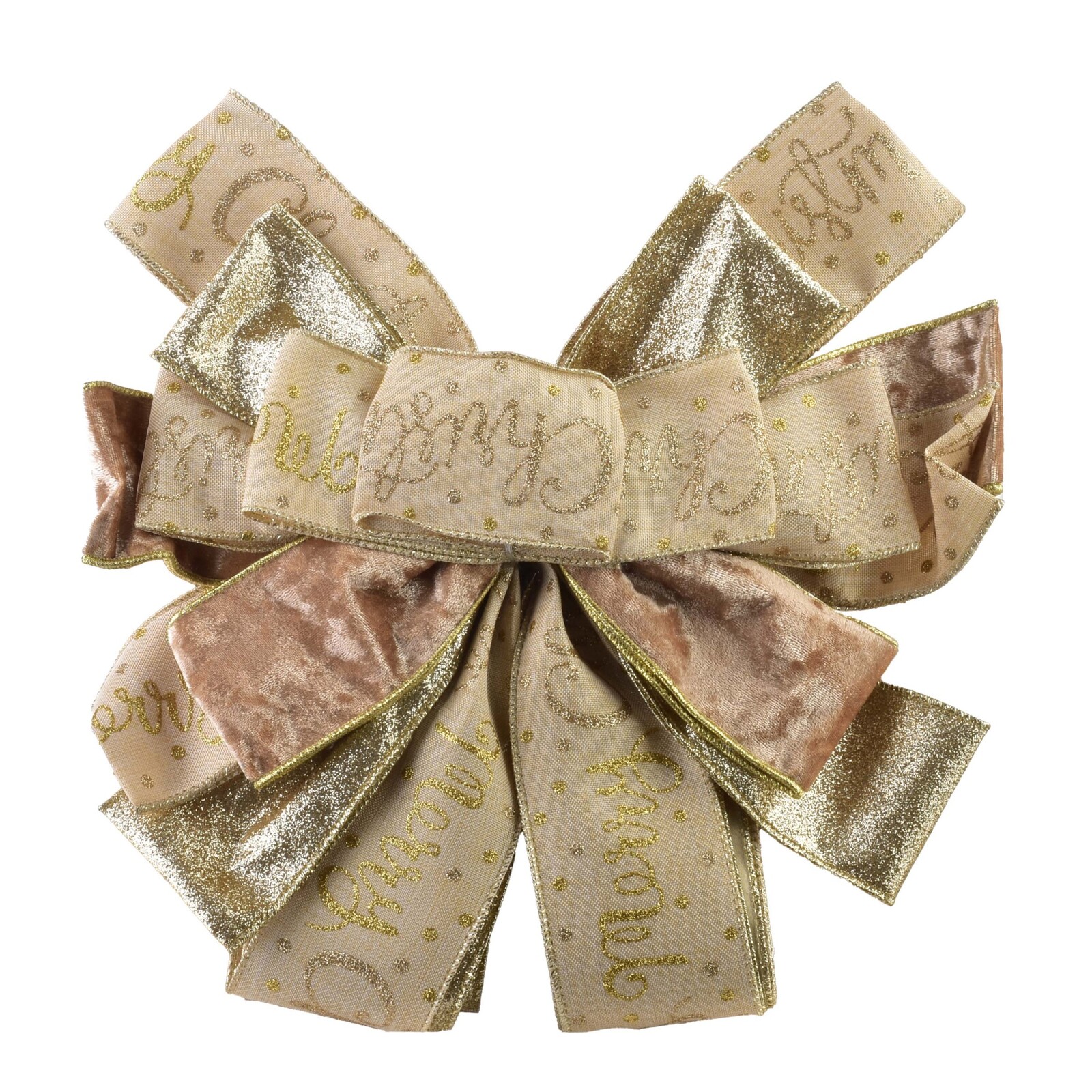 Vánoční dekorativní mašle Santa Lila 32x130 cm béžovo-zlatá s nápisem Merry Christmas