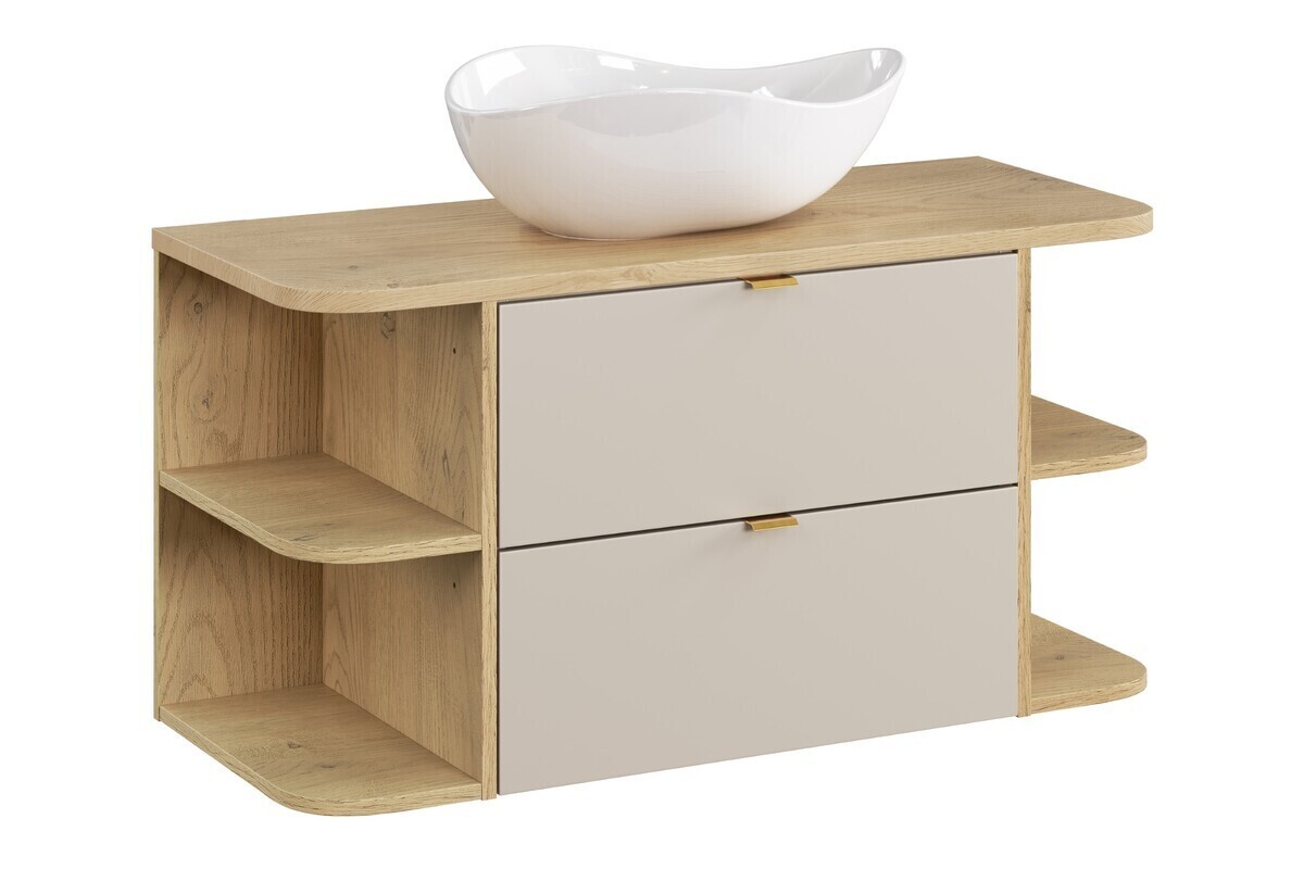 Závěsná skříňka Dalia Cashmere Ovalia s deskou a umyvadlem 100 cm kašmírová/dub cremona