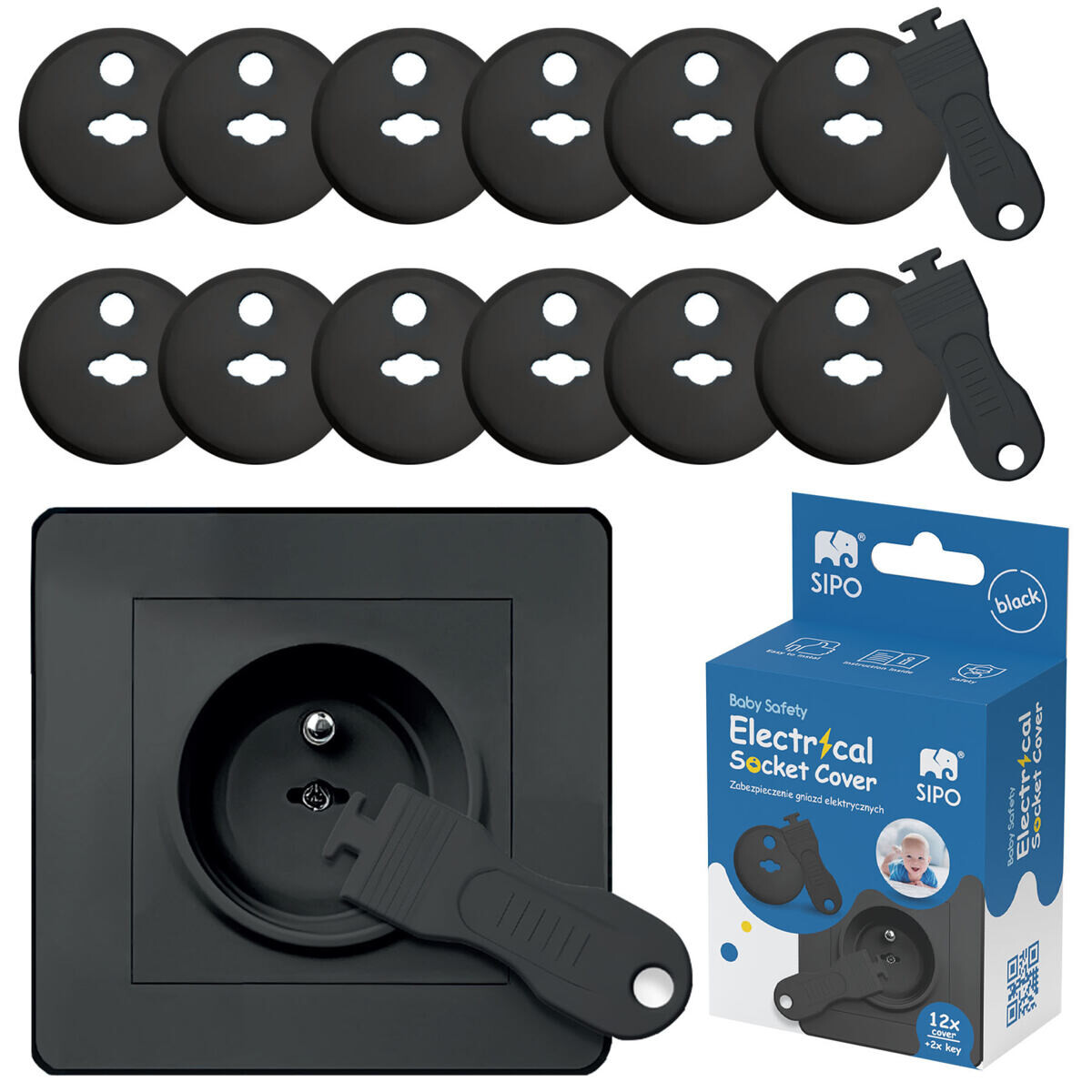 Sipo Ochranné kryty na elektrické zásuvky, set 12ks + 2x kľúče, ČIERNA