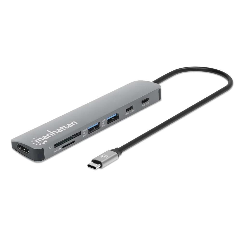 MANHATTAN Dokovacia stanica USB-C 7v1, 1xHDMI, 2xUSB-C, 2xUSB, čítačka SD kariet, sivá