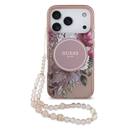 Puzdro Guess IML Flowers Strap MagSafe iPhone 17 Pro - ružové