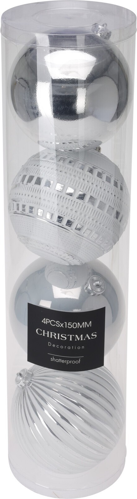 Sada 4 ks vánočních baněk BOBI 15 cm stříbrná